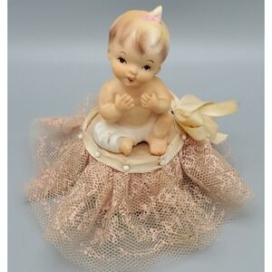 Vtg '69 Ceramic Baby Shower Pink‎ Figurine on Foam Craft Floral Decor Retro READ